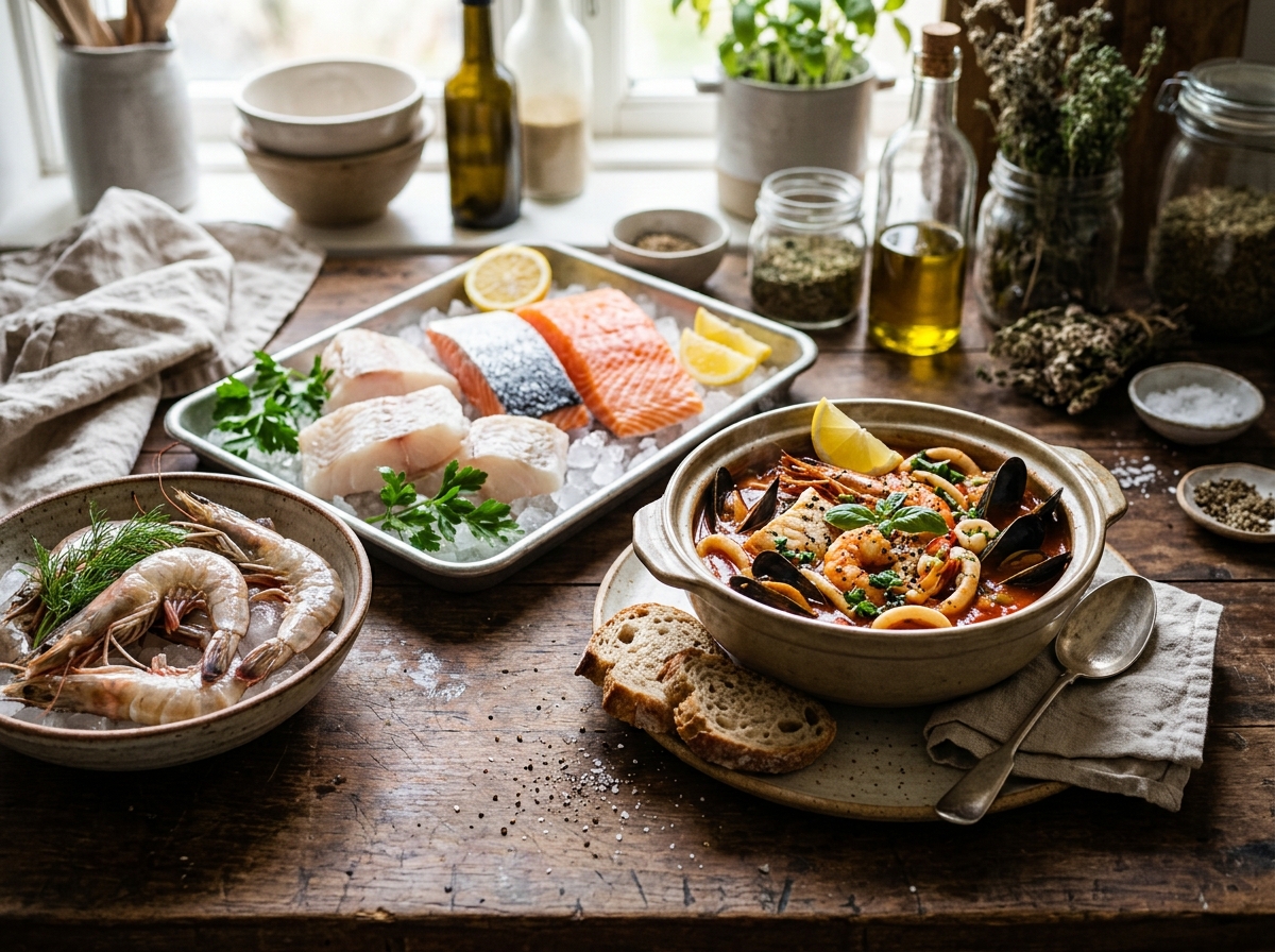 Fresh and frozen seafood, prawns, salmon cuts, and savory cooked seafood stew ready to eat
