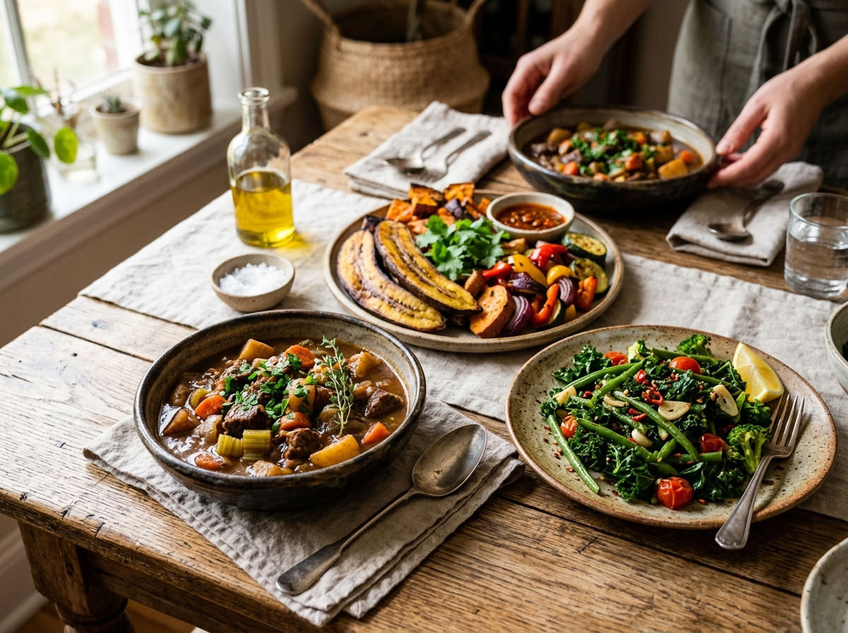 Delicious cooked homemade food: rich savory stew in bowl, seasoned cooked vegetables on ceramic plates, and roasted plantains